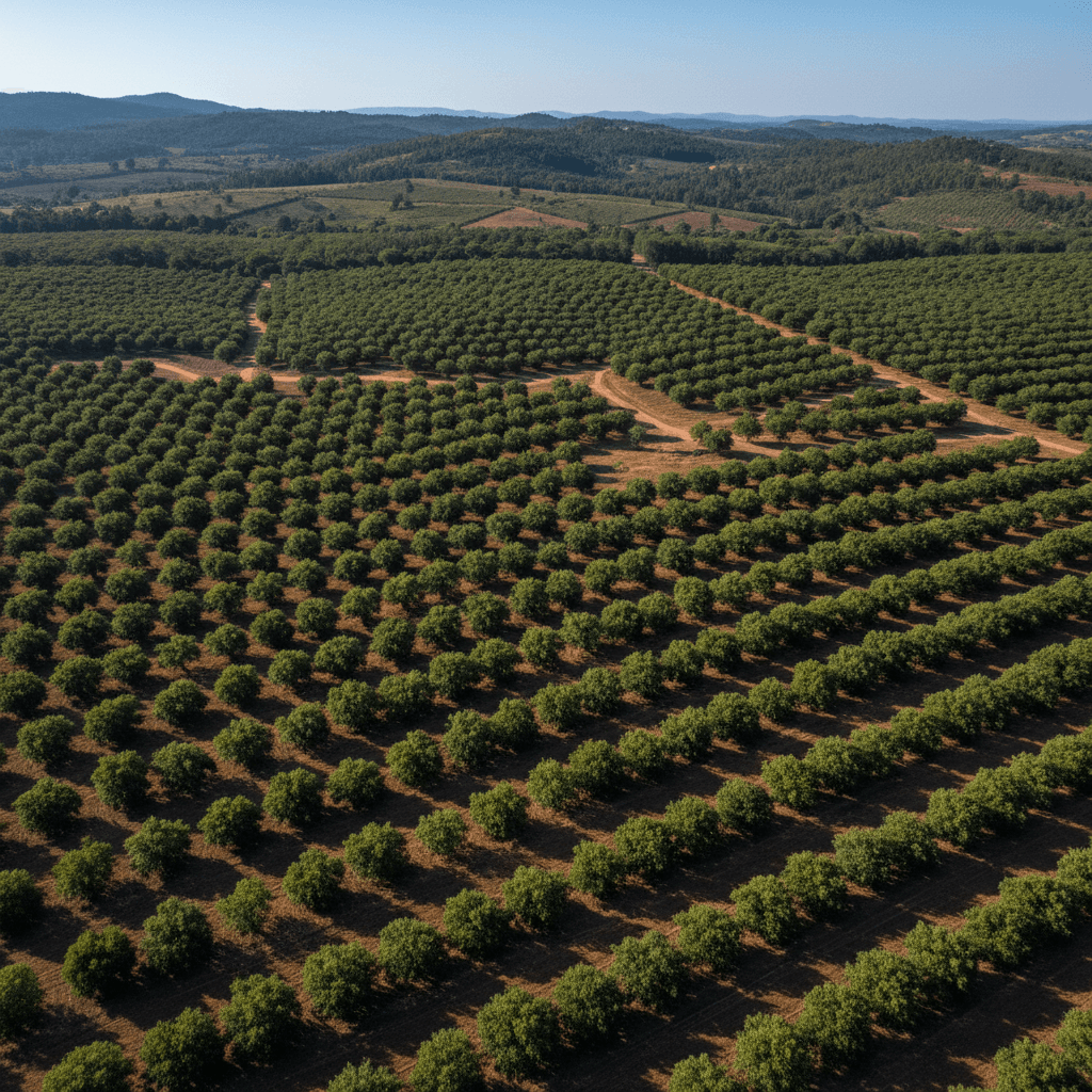 Aerial view of macadamia orchard rows in Kenya under a clear blue sky