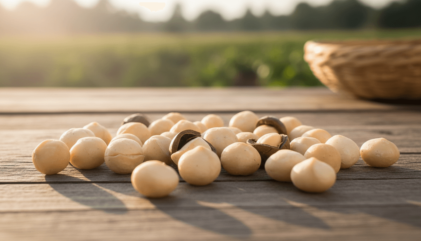 Close-up of fresh whole macadamia kernels on rustic wood in warm light