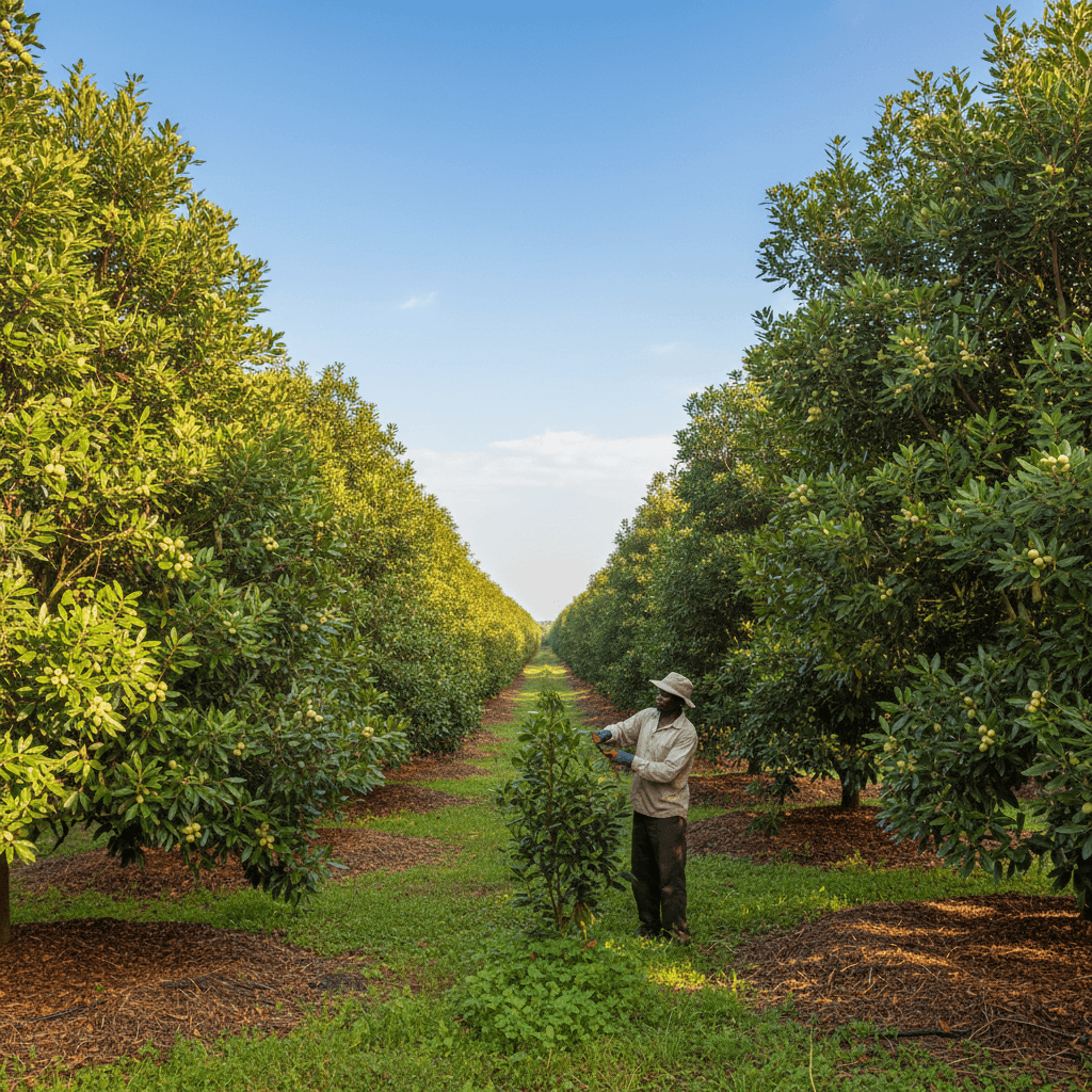 Sustainable macadamia orchard in Kenya with farmer tending trees