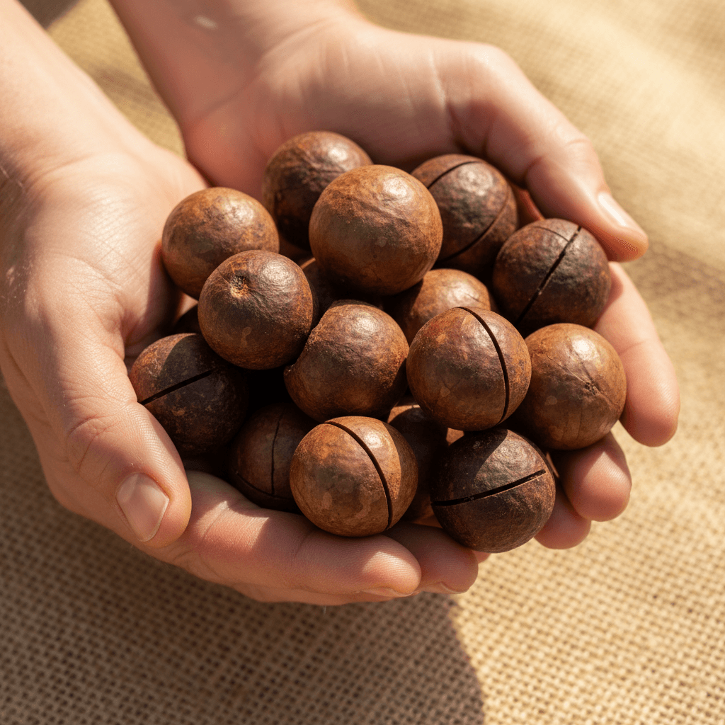 Fresh harvested macadamia nuts in shells