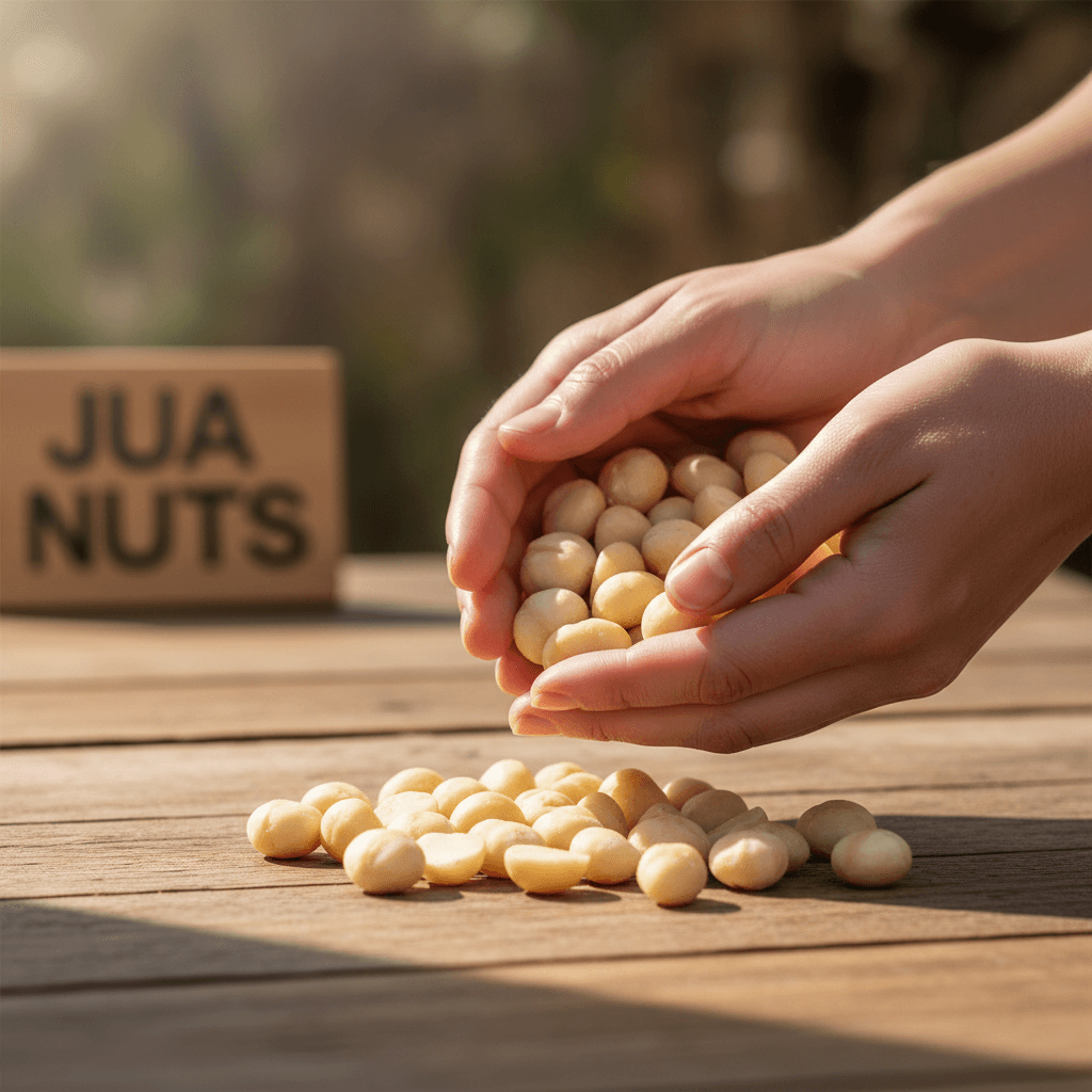 Customer hands inspecting fresh macadamia kernels on a wooden surface