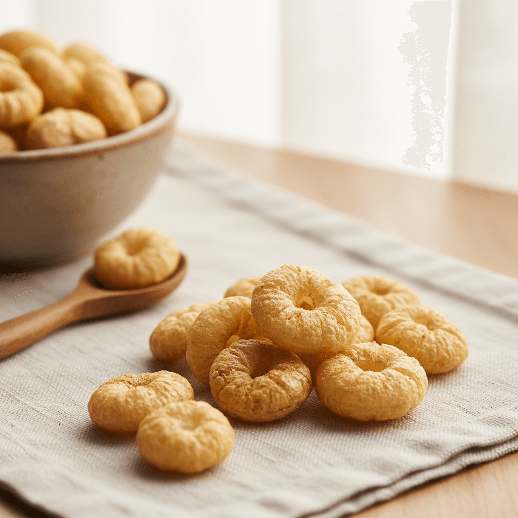 Golden roasted makhana nuts scattered on linen with ceramic bowl, warm natural lighting highlighting crispy texture